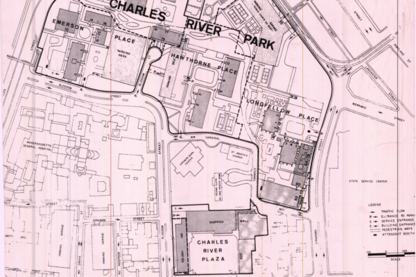 Image of a map showing the location of buildings and titled Charles River Park